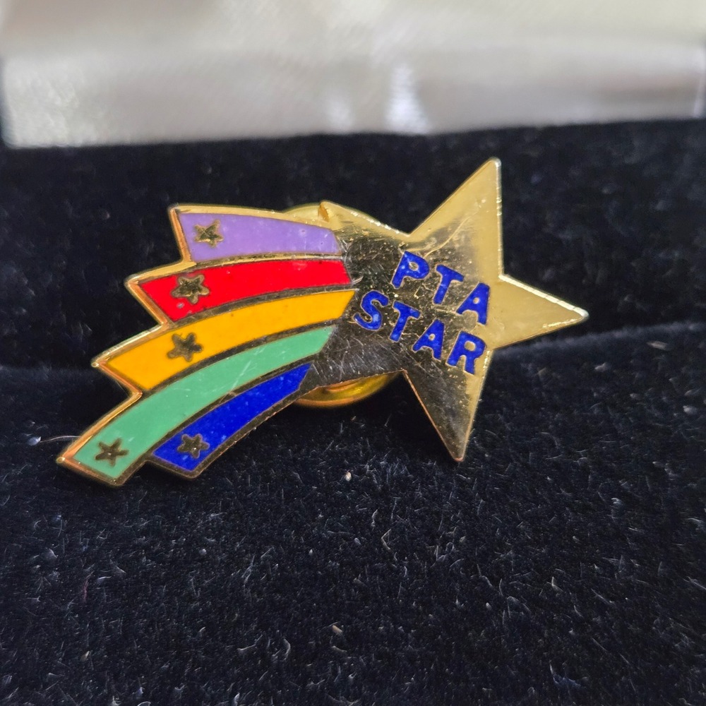 Vintage PTA Shooting Star Rainbow Enamel Lapel Pin Gold Tone Retro Award